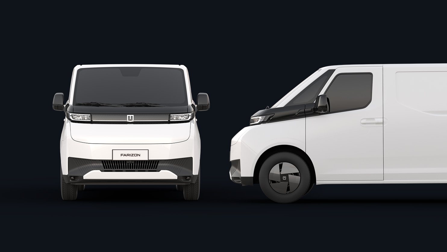 Farizon SuperVan -sähköpakettiauto edestä ja sivulta kuvattuna